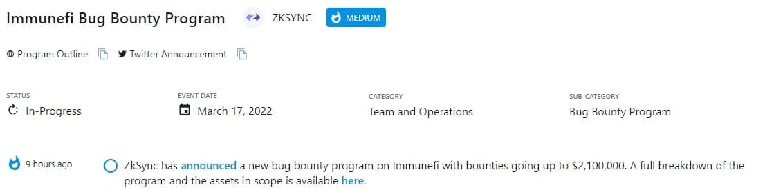 ZkSync công bố một chương trình bug bounty mới trên Immunefi với số tiền thưởng lên tới $2.100.000