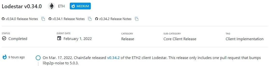 ChainSafe phát hành v0.34.2 của  ETH2 client Lodestar vào ngày 17 tháng 3 năm 2022