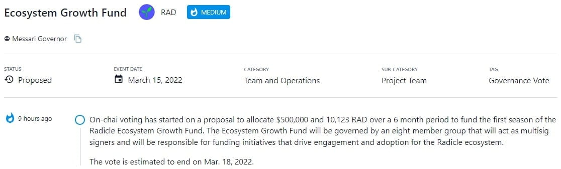 Bỏ phiếu cho đề xuất phân bổ 500.000 đô la và 10.123 RAD trong thời gian 6 tháng để tài trợ cho mùa đầu tiên của Radicle Ecosystem Growth Fund Quỹ