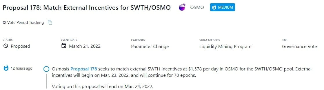 Osmosis Proposal 178 giải quyết các ưu đãi SWTH bên ngoài phù hợp ở mức $1,578 mỗi ngày trong OSMO cho pool SWTH/OSMO