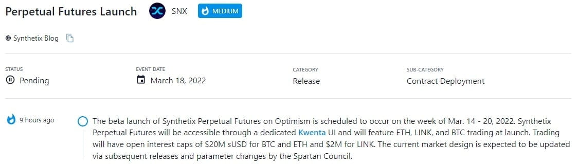 Ra mắt phiên bản beta của Synthetix Perpetual Futures on Optimism dự kiến sẽ diễn ra vào tuần 14 - 20 tháng 3 năm 2022