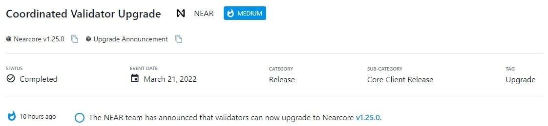 NEAR team thông báo trình xác thực hiện có thể nâng cấp lên Nearcore v1.25.0