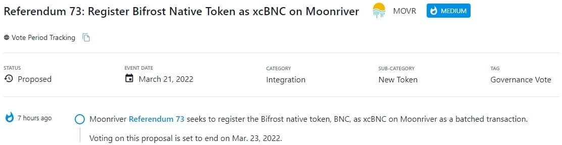 Moonriver Referendum 73 tìm cách đăng ký native token Bifrost, BNC, là xcBNC trên Moonriver dưới dạng giao dịch theo đợt