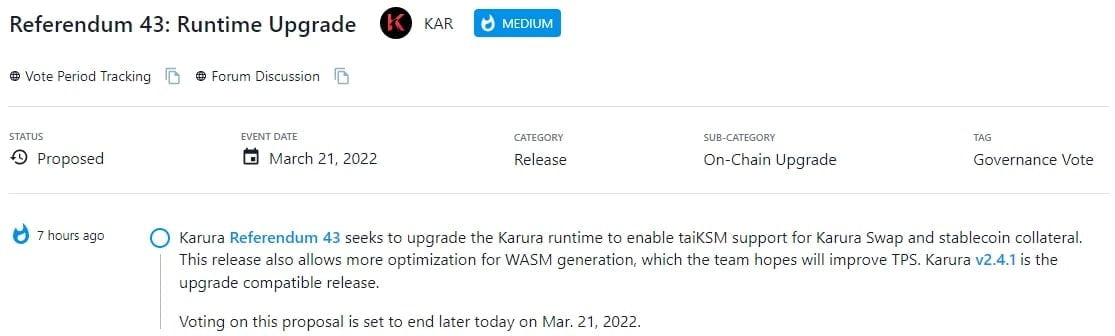 Karura Referendum 43 nâng cấp runtime để cho phép hỗ trợ taiKSM cho Karura Swap và tài sản thế chấp stablecoin
