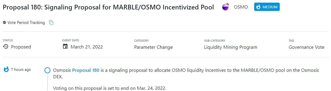 Osmosis Proposal 180 phân bổ các ưu đãi thanh khoản OSMO cho pool MARBLE/OSMO trên Osmosis DEX