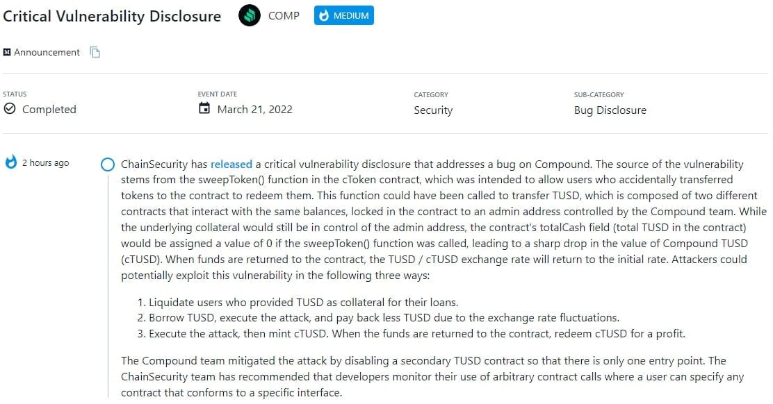 ChainSecurity phát hành báo cáo giải quyết một lỗ hỏng lớn trên Compound