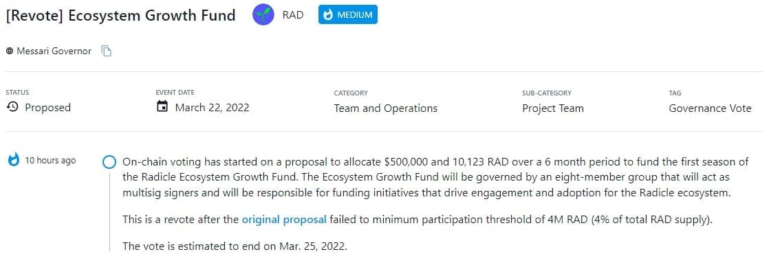 Bỏ phiếu cho đề xuất phân bổ $500.000 và 10.123 RAD trong khoảng thời gian 6 tháng để tài trợ cho mùa đầu tiên của Radicle Ecosystem Growth Fund