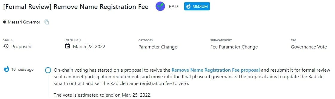 Bỏ phiếu nhằm khôi phục đề xuất Remove Name Registration Fee để xem xét các yêu cầu tham gia và chuyển sang giai đoạn quản trị cuối cùng
