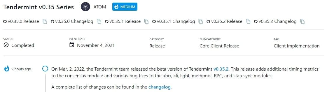 Nhóm Tendermint đã phát hành phiên bản beta của Tendermint v0.35.2 vào ngày 2 tháng 3 năm 2022