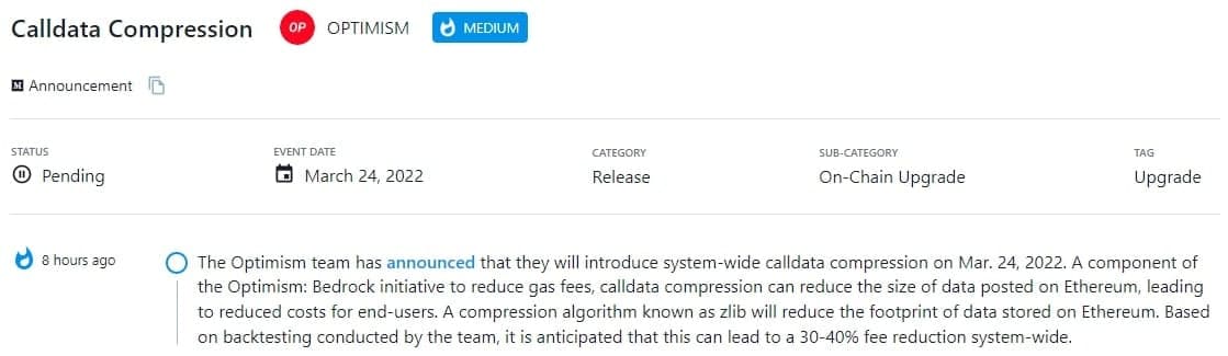 Optimism team thông báo sẽ giới thiệu tính năng nén calldata trên toàn hệ thống vào ngày 24 tháng 3 năm 2022