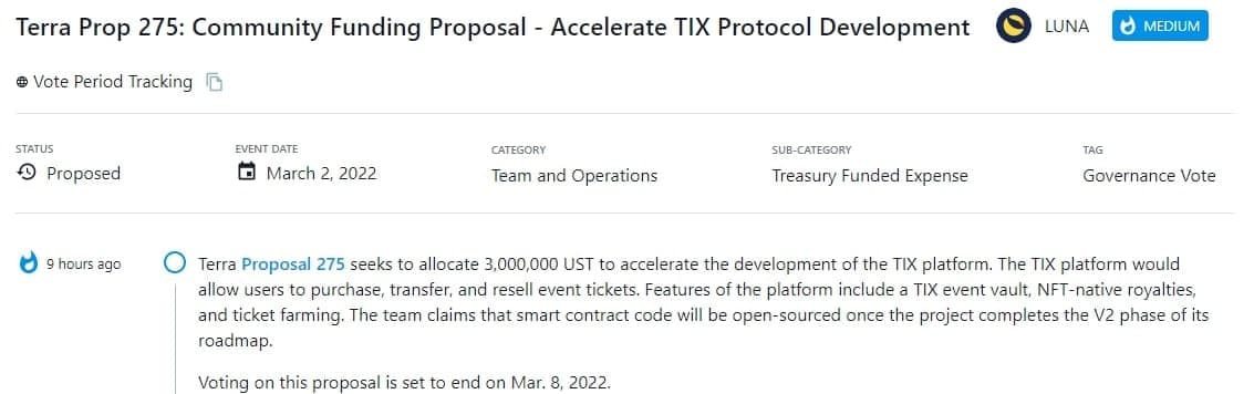 Terra Proposal 275 tìm cách phân bổ 3.000.000 UST để đẩy nhanh sự phát triển của nền tảng TIX
