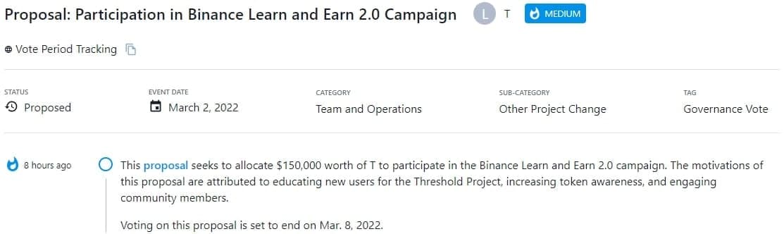 Đề xuất tìm cách phân bổ lượng token T trị giá 150.000 đô la để tham gia vào chiến dịch Binance Learn and Earn 2.0