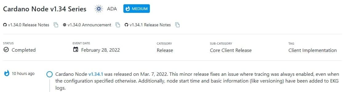 Cardano Node v1.34.1 được phát hành vào ngày 7 tháng 3 năm 2022