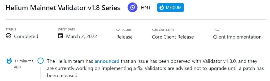 Nhóm Helium thông báo có vấn đề đã được phát hiện ở Validator v1.8.0 và hiện đang làm việc để triển khai bản sửa lỗi