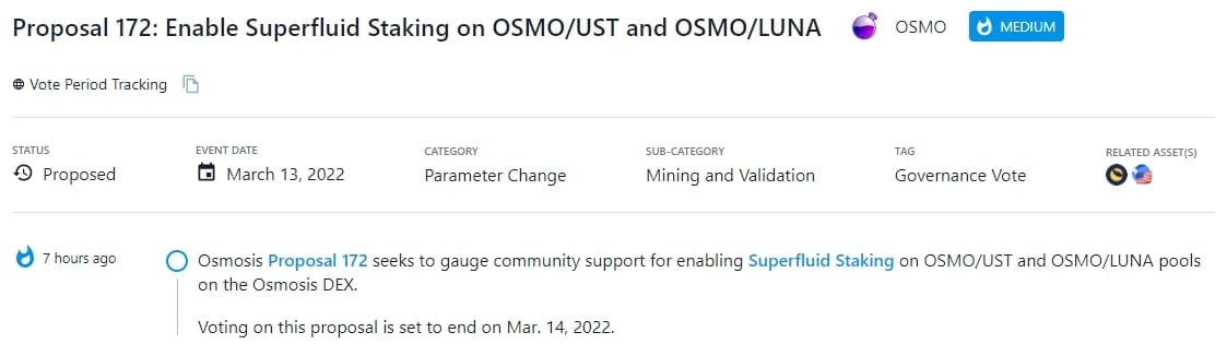 Osmosis Proposal 172 đánh giá sự ủng hộ của cộng đồng để cho phép Superfluid Staking trên các pool OSMO / UST và OSMO / LUNA trên Osmosis DEX