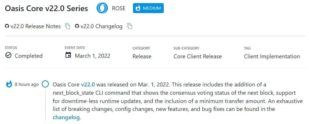 Oasis Core v22.0 được phát hành vào ngày 1 tháng 3 năm 2022