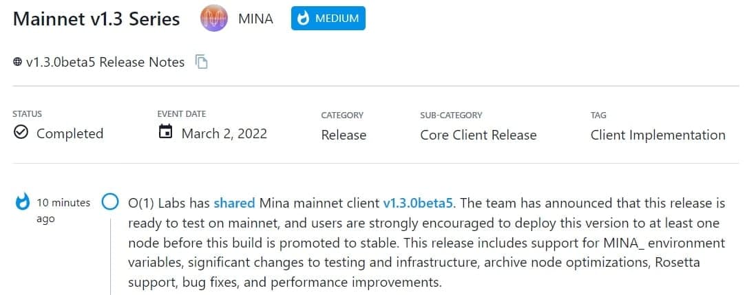 O (1) Labs đã chia sẻ thông tin về Mina mainnet client v1.3.0beta5