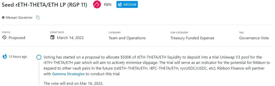 Bắt đầu bỏ phiếu cho đề xuất phân bổ $500K thanh khoản rETH-THETA/ETH để gửi vào pool Uniswap V3 thử nghiệm cho cặp rETH-THETA/ETH nhằm chủ động giảm thiểu trượt giá