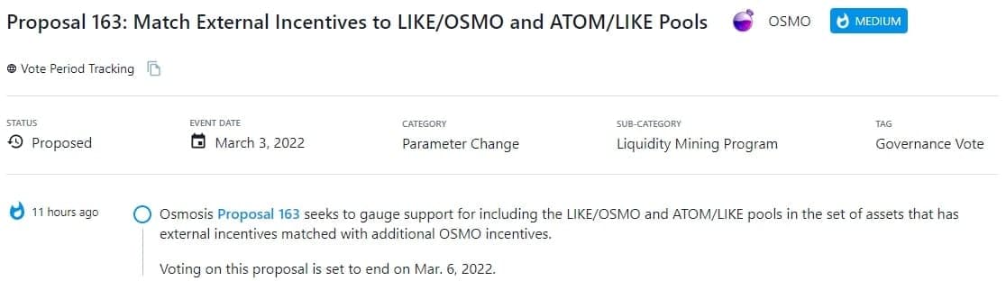 Osmosis Proposal 163 tìm cách đánh giá hỗ trợ các nhóm LIKE/OSMO và ATOM/LIKE trong tập hợp các tài sản có khuyến khích bên ngoài phù hợp với khuyến khích của OSMO